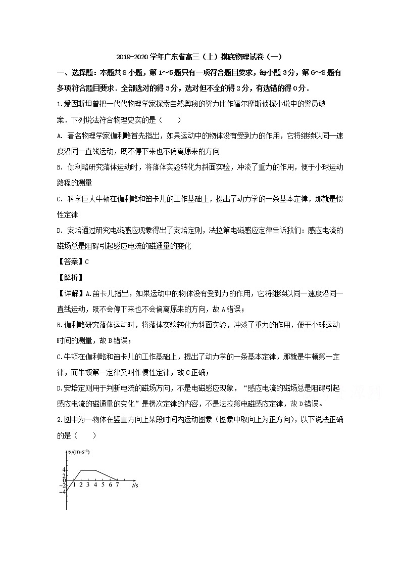 广东省东莞中学2020届高三上学期摸底考试物理试卷01
