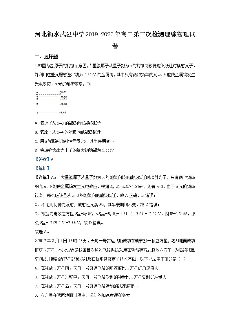 河北省衡水武邑中学2020届高三上学期检测物理试题01