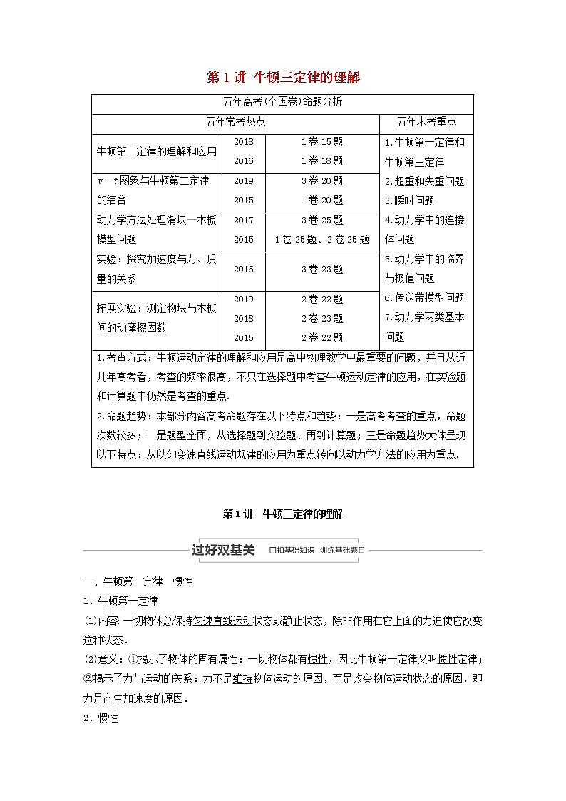 2021高考物理一轮复习第三章牛顿运动定律第1讲牛顿三定律的理解学案作业（含解析）新人教版01