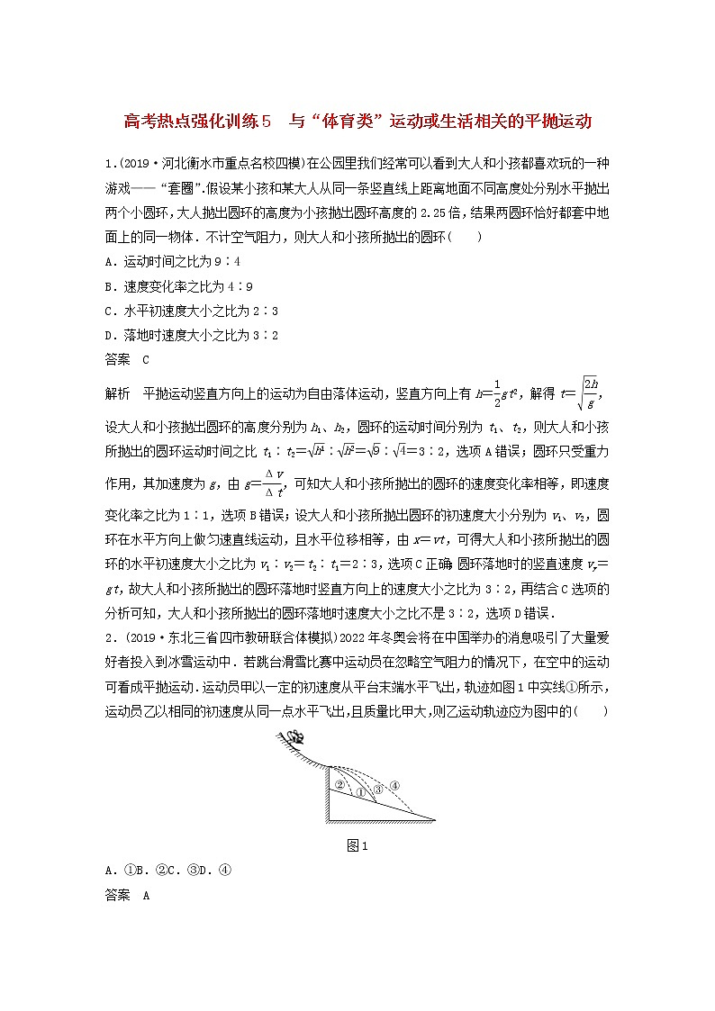 2021高考物理一轮复习第四章曲线运动万有引力与航天高考热点强化训练5与“体育类”运动或生活相关的平抛运动（含解析）新人教版01