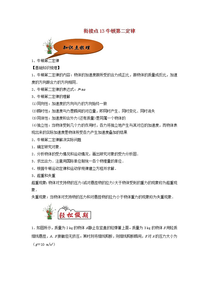（暑期辅导专用）2020年初高中物理衔接教材衔接点13牛顿第二定律（含解析）第1页