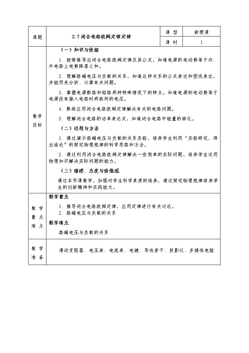 人教版高中物理选修3-1全册教案2.7闭合电路欧姆定律01