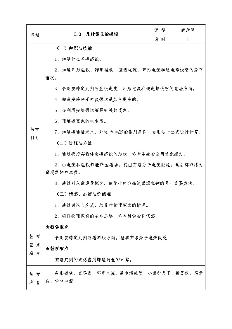 人教版高中物理选修3-1全册教案3.3几种常见的磁场01