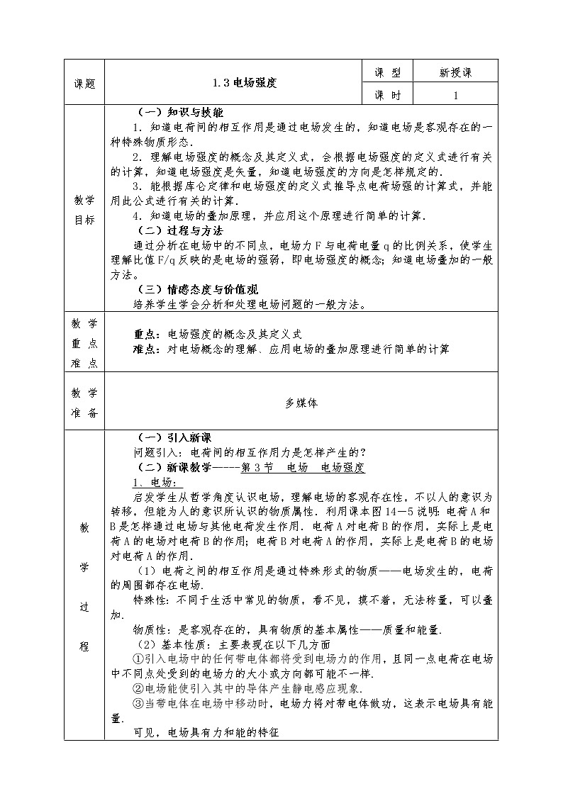 人教版高中物理选修3-1全册教案1.3电场强度01