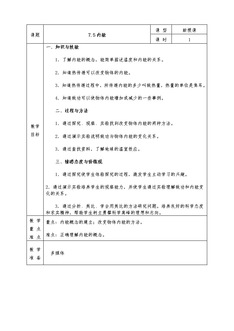 人教版高中物理选修3-3全册教案7.5 内能01