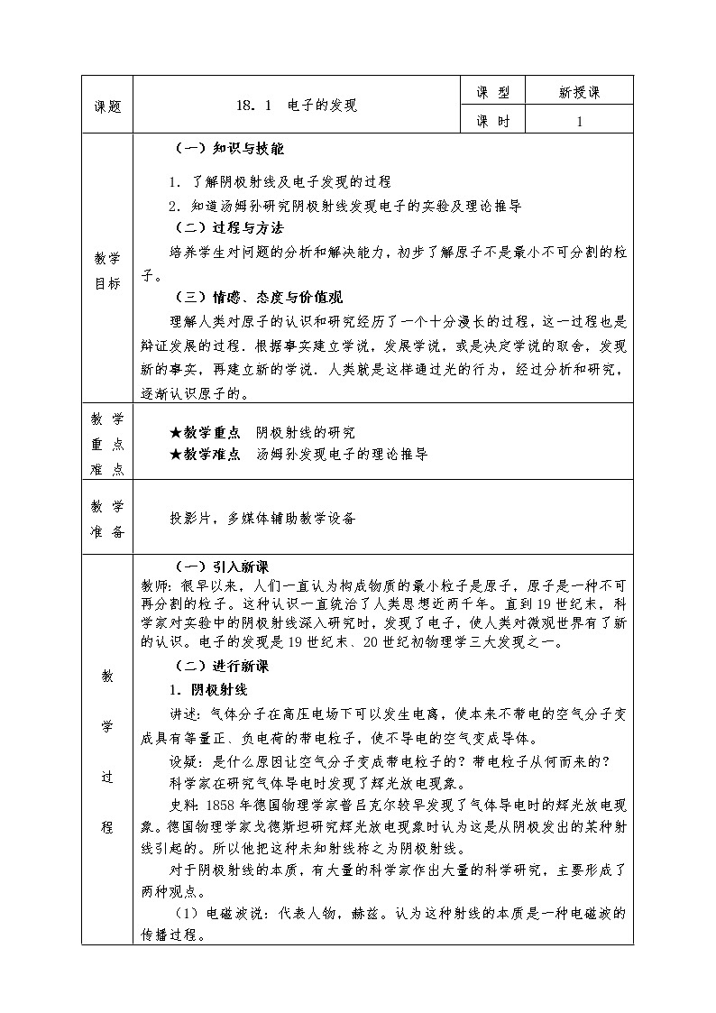 人教版高中物理选修3-5全册教案18.1 电子的发现01