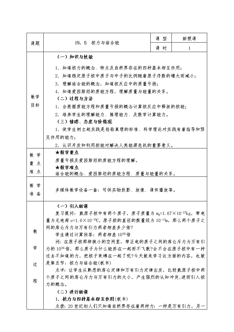 人教版高中物理选修3-5全册教案19.5  核力与结合能01