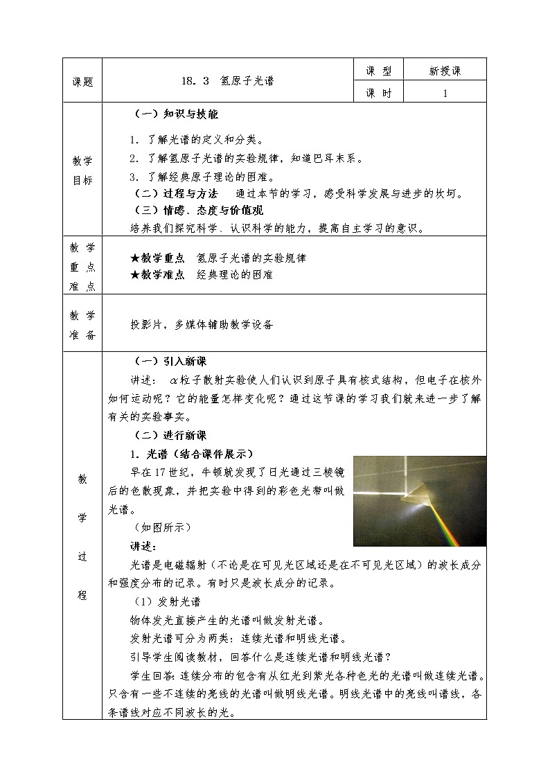 人教版高中物理选修3-5全册教案18.3  氢原子光谱01