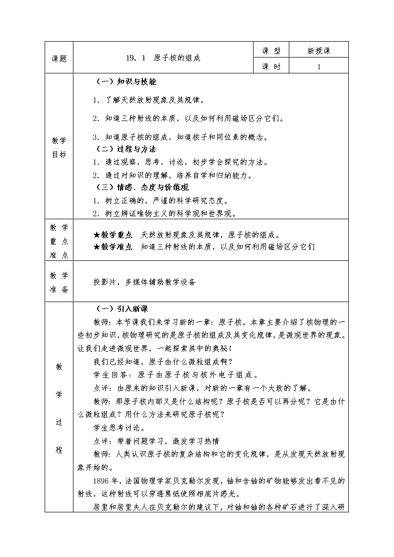 人教版高中物理选修3-5全册教案19.1  原子核的组成01