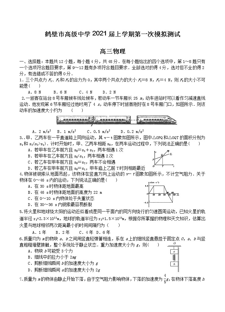 河南省鹤壁市高级中学2021届高三上学期第一次模拟测试 物理（含答案）01