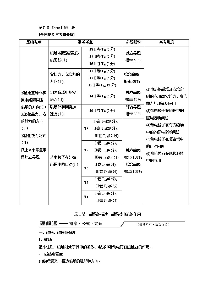 2020版高考一轮复习物理通用版讲义：第九章第1节磁场的描述磁场对电流的作用01