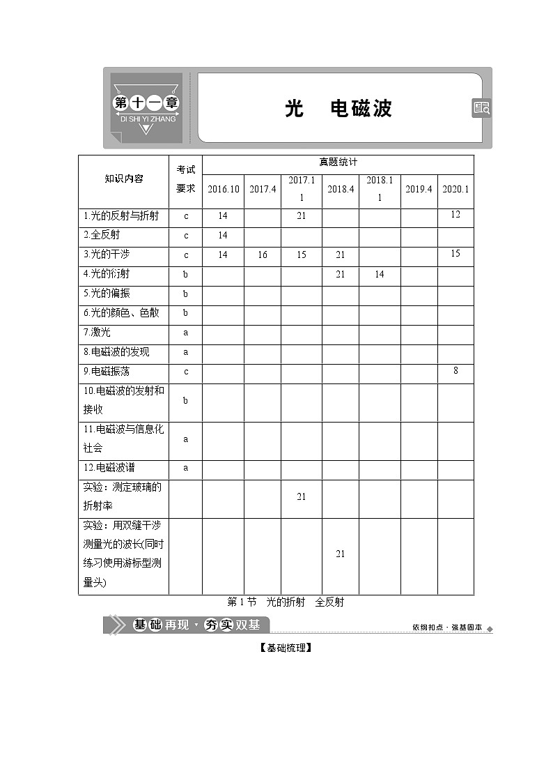 2021版浙江新高考选考物理一轮复习教师用书：14第十一章　1第1节　光的折射　全反射01