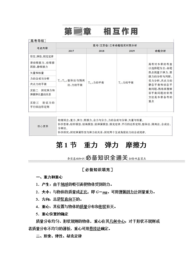 2021版江苏高考物理一轮复习讲义：第2章第1节　重力　弹力　摩擦力第1页