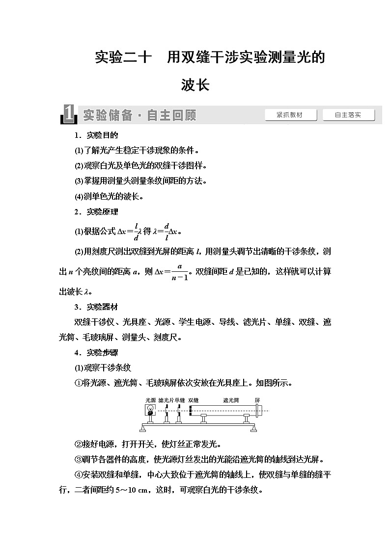 2021版江苏高考物理一轮复习讲义：第14章实验20　用双缝干涉实验测量光的波长01