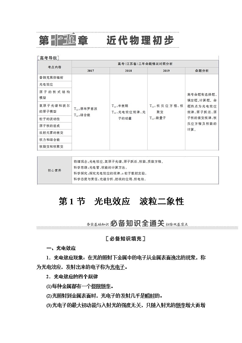 2021版江苏高考物理一轮复习讲义：第15章第1节　光电效应　波粒二象性第1页