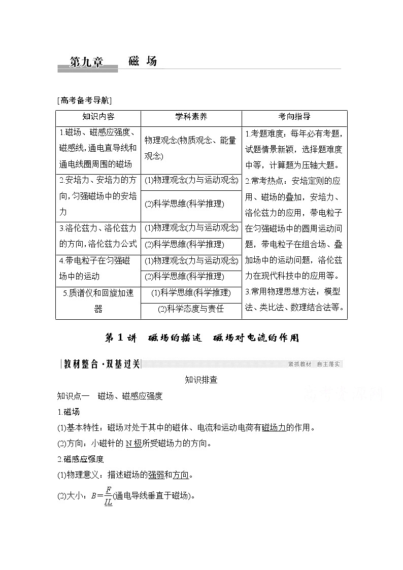 2021届高考物理沪科版一轮复习教学案：第九章第1讲磁场的描述磁场对电流的作用01