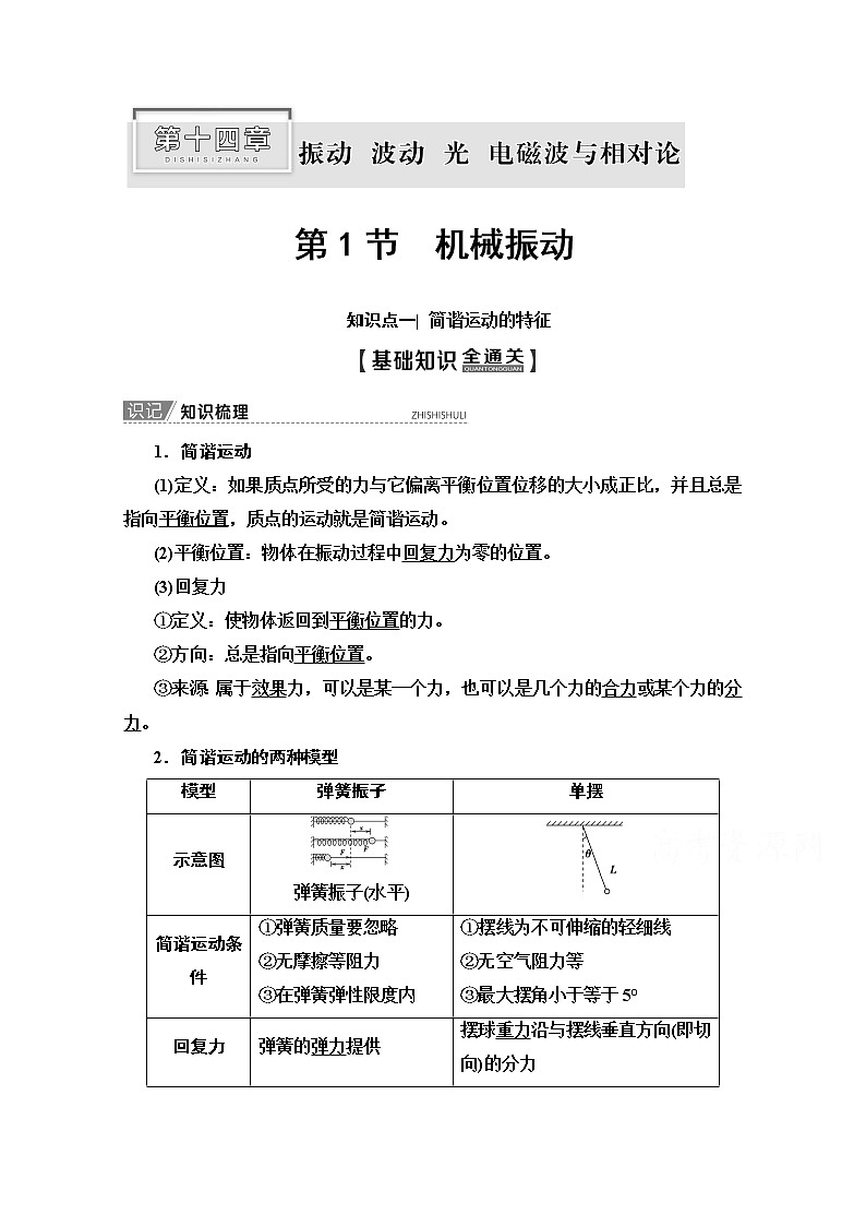 2020版新一线高考物理（人教版）一轮复习教学案：第14章第1节　机械振动第1页