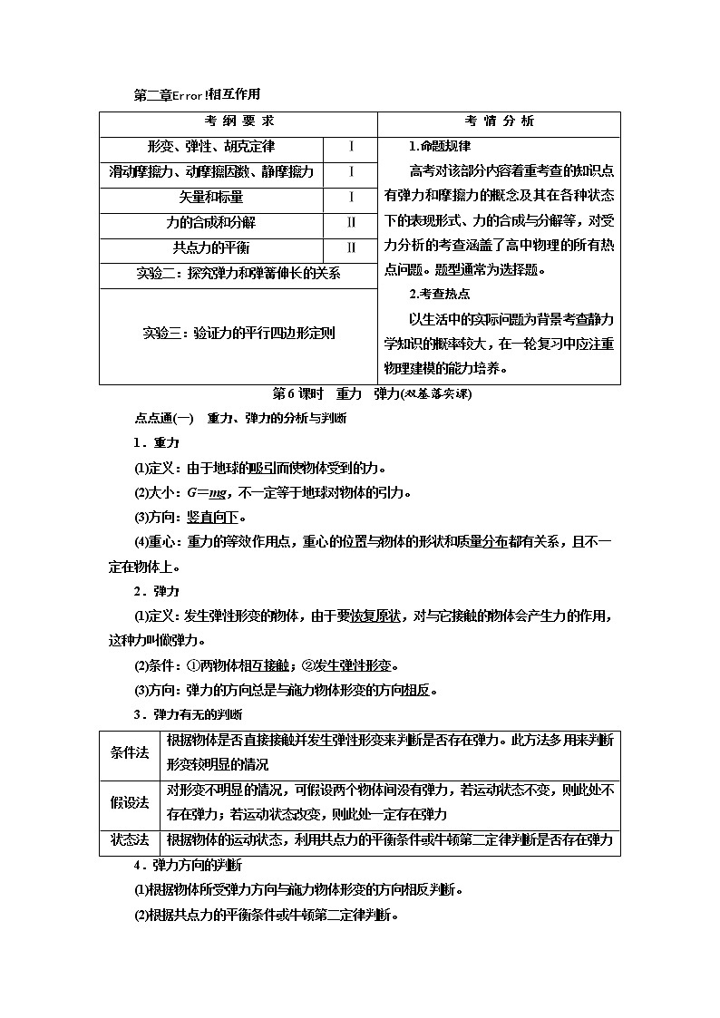 2020版高考物理新创新一轮复习通用版讲义：第二章第6课时　重力　弹力（双基落实课）01