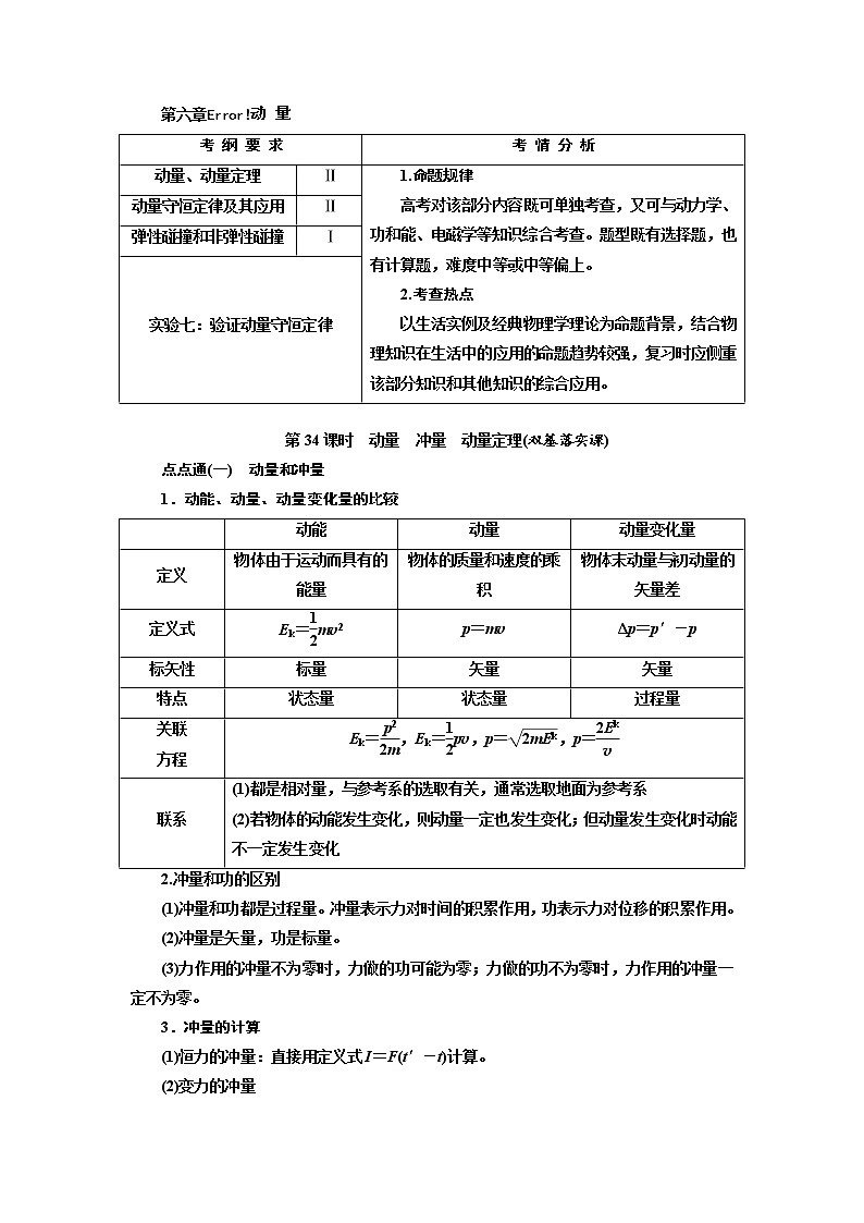 2020版高考物理新创新一轮复习通用版讲义：第六章第34课时　动量　冲量　动量定理（双基落实课）01