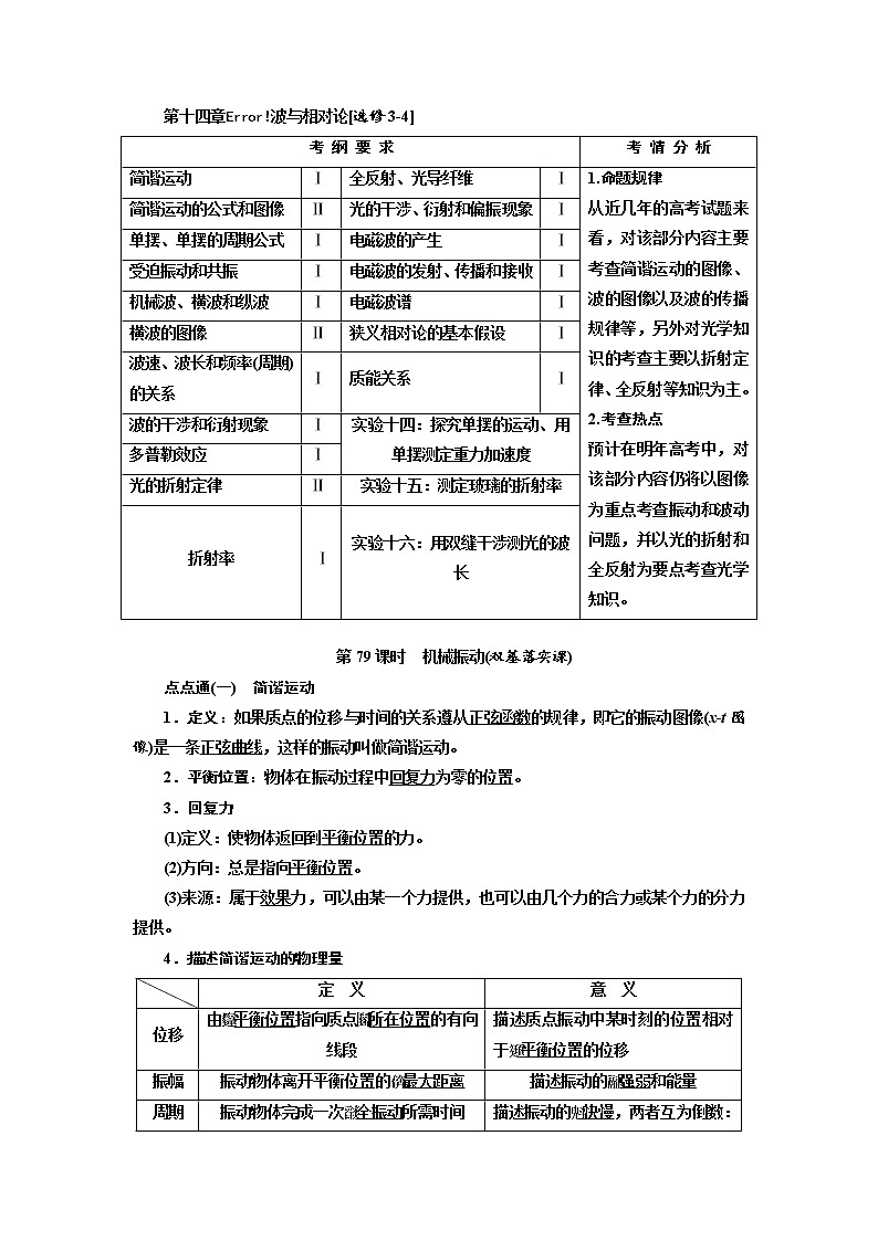 2020版高考物理新创新一轮复习通用版讲义：第十四章第79课时　机械振动（双基落实课）01