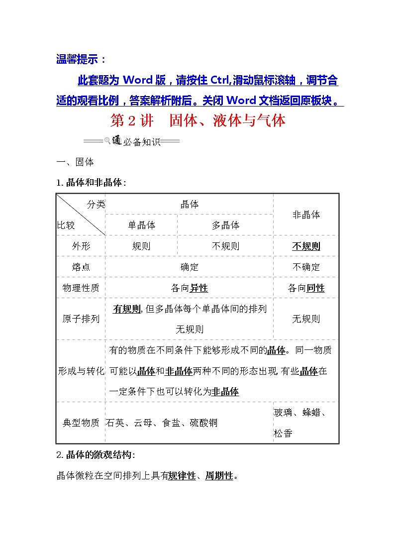 2021版高考物理教科版大一轮复习基础自查学案：选修3-3热学2　固体、液体与气体01