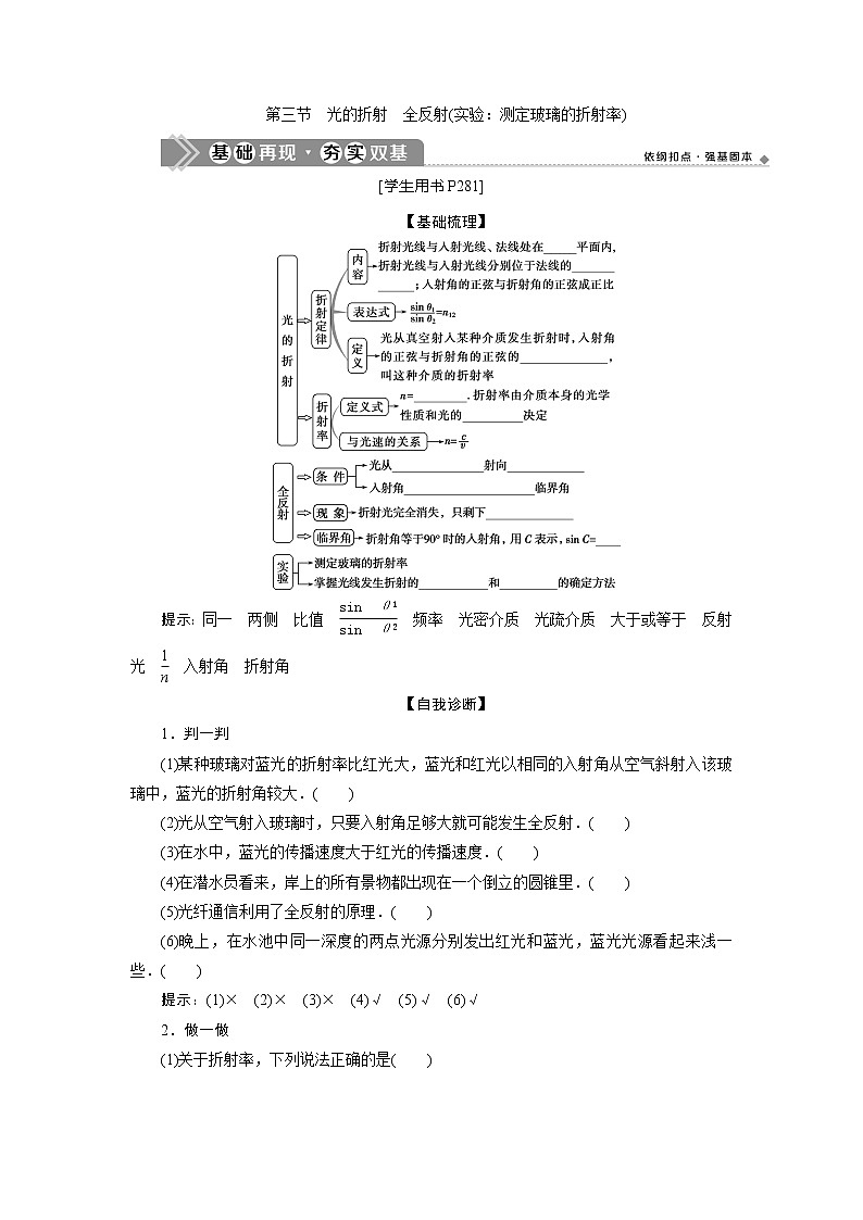 2021版高考物理（基础版）一轮复习学案：第十四章　3第三节　光的折射　全反射（实验：测定玻璃的折射率）01