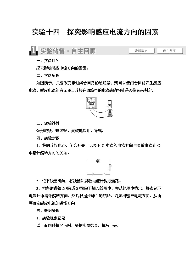 2021届山东新高考物理一轮复习讲义：第10章实验14　探究影响感应电流方向的因素01