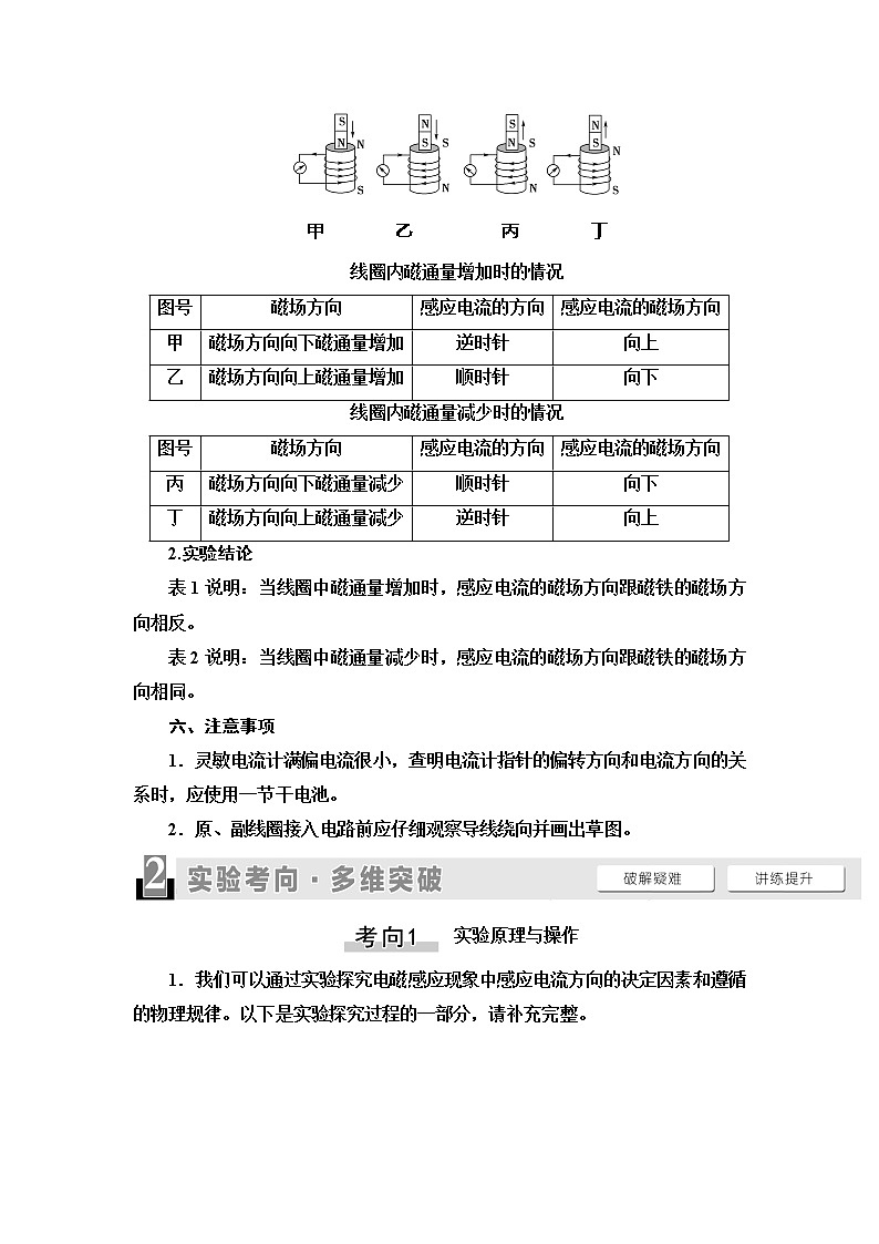 2021届山东新高考物理一轮复习讲义：第10章实验14　探究影响感应电流方向的因素02