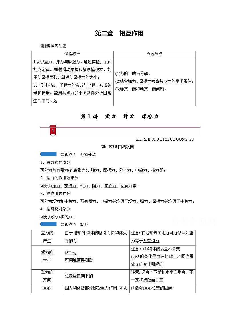 2021高三物理人教版一轮学案：第二章第1讲　重力　弹力　摩擦力第1页