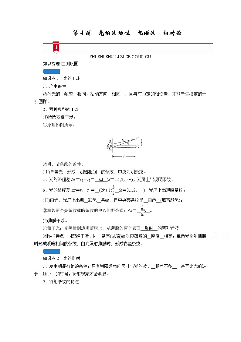 2021高三物理人教版一轮学案：第十三章第4讲　光的波动性　电磁波　相对论01