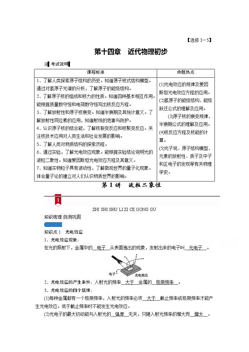 2021高三物理人教版一轮学案：第十四章第1讲　波粒二象性01