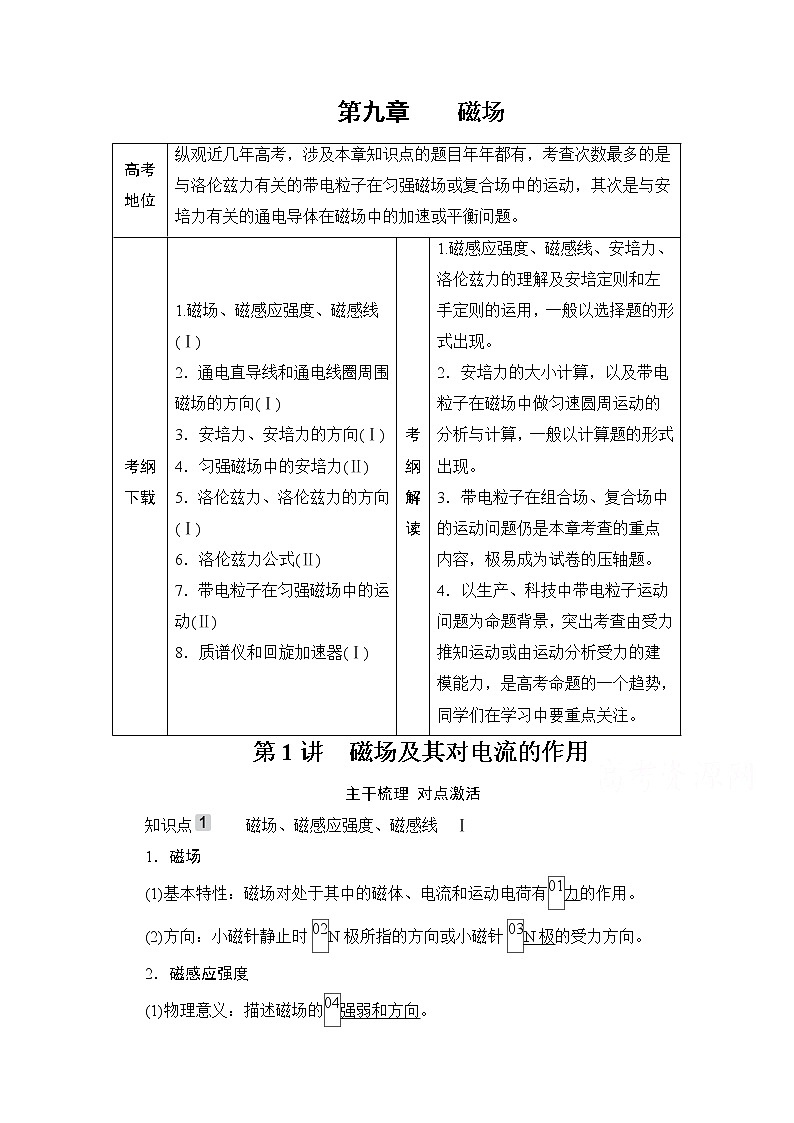 2021高三统考人教物理一轮（经典版）学案：第9章第1讲　磁场及其对电流的作用01