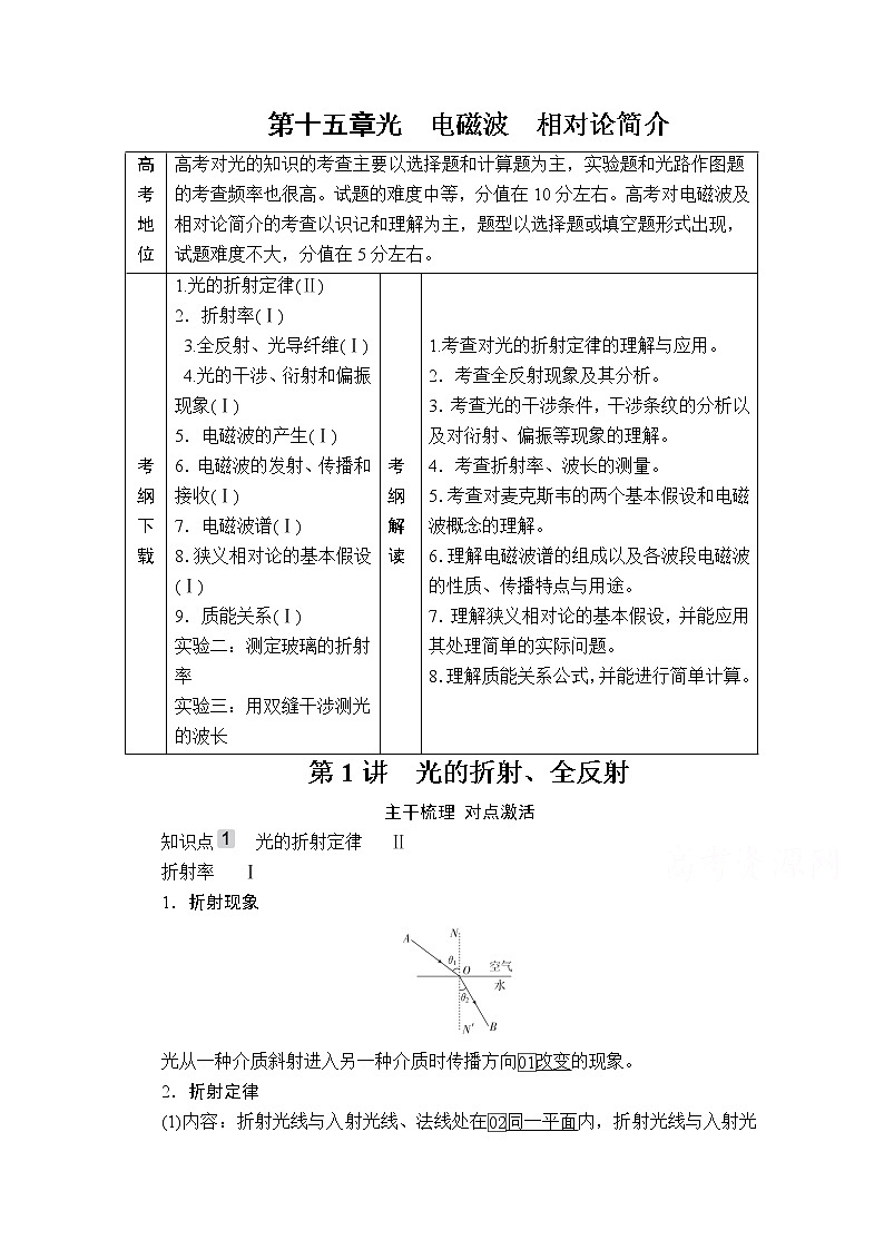 2021高三统考人教物理一轮（经典版）学案：第15章第1讲光的折射、全反射01