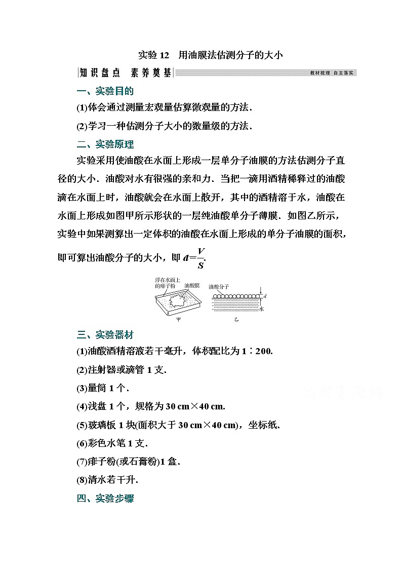 2021高考物理（选择性考试）人教版一轮学案：第十二章实验12　用油膜法估测分子的大小01