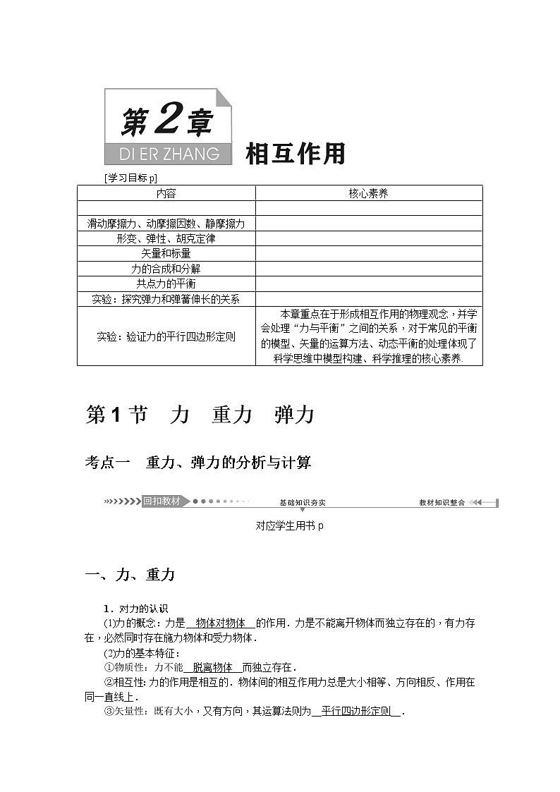 2021版一轮复习名师导学物理文档：第2章第1节　力　重力　弹力第1页