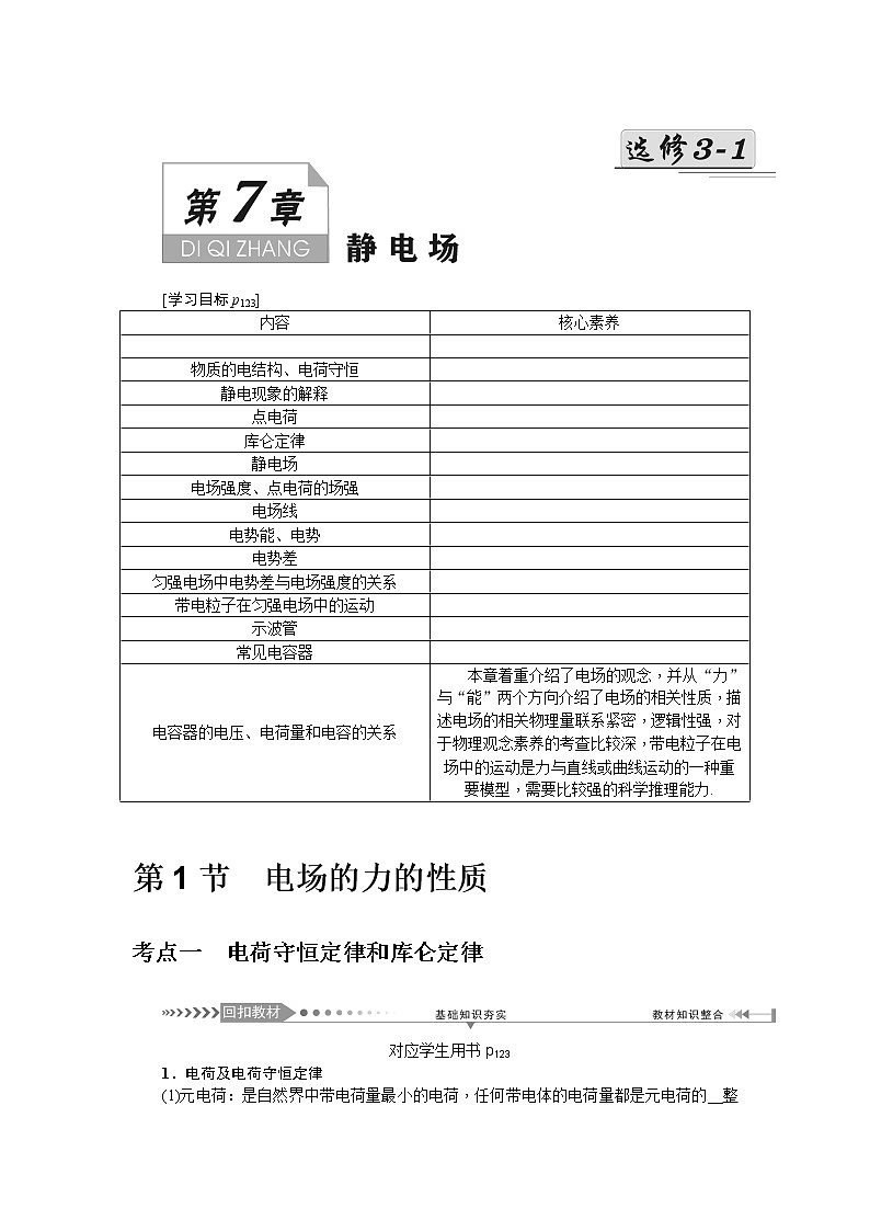 2021版一轮复习名师导学物理文档：第7章　第1节　电场的力的性质第1页