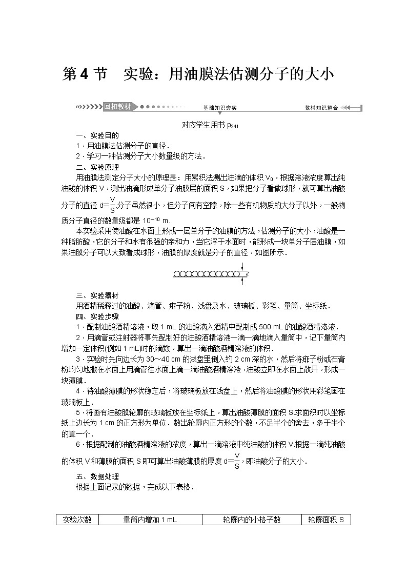 2021版一轮复习名师导学物理文档：第13章　第4节　实验：用油膜法估测分子的大小01