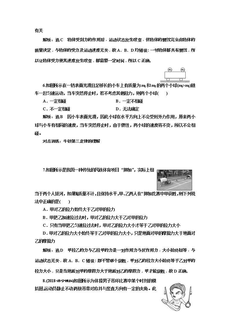 (江苏版)2019届高考物理一轮复习课时检测08《 牛顿第一定律 牛顿第三定律》(含解析)03