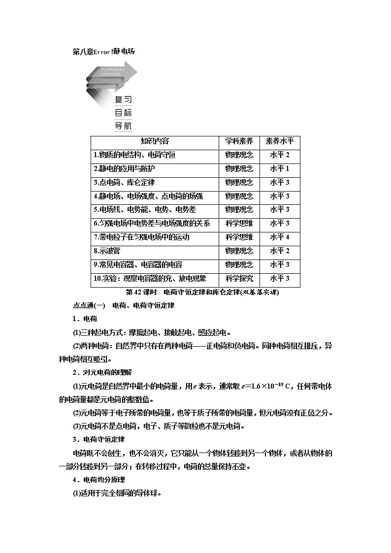 2020高考物理新创新大一轮复习新课改省份专用讲义：第八章第42课时　电荷守恒定律和库仑定律（双基落实课）01