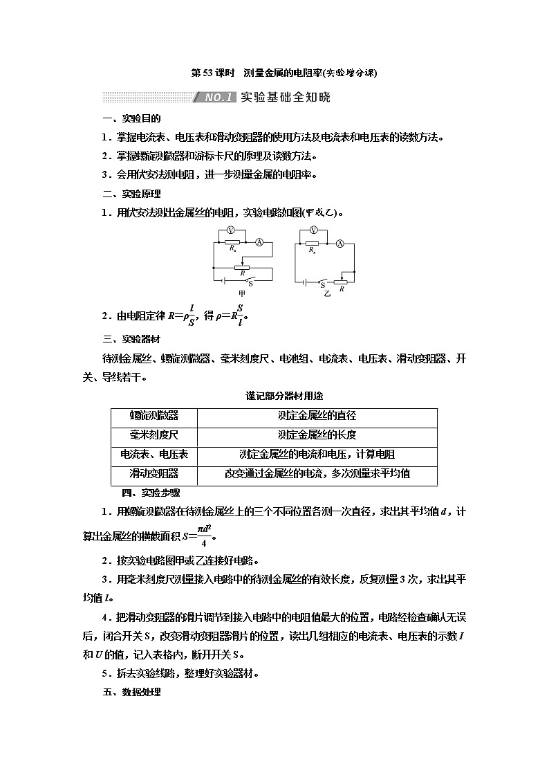2020高考物理新创新大一轮复习新课改省份专用讲义：第九章第53课时　测量金属的电阻率（实验增分课）01