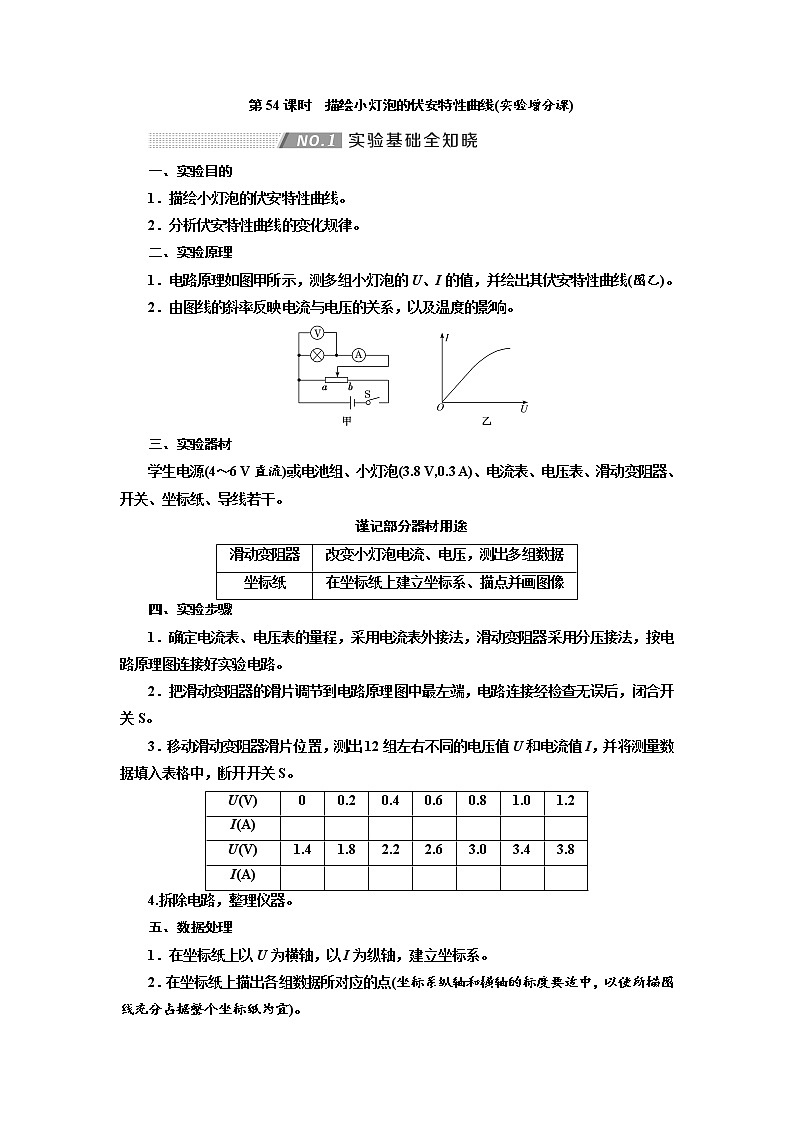 2020高考物理新创新大一轮复习新课改省份专用讲义：第九章第54课时　描绘小灯泡的伏安特性曲线（实验增分课）01