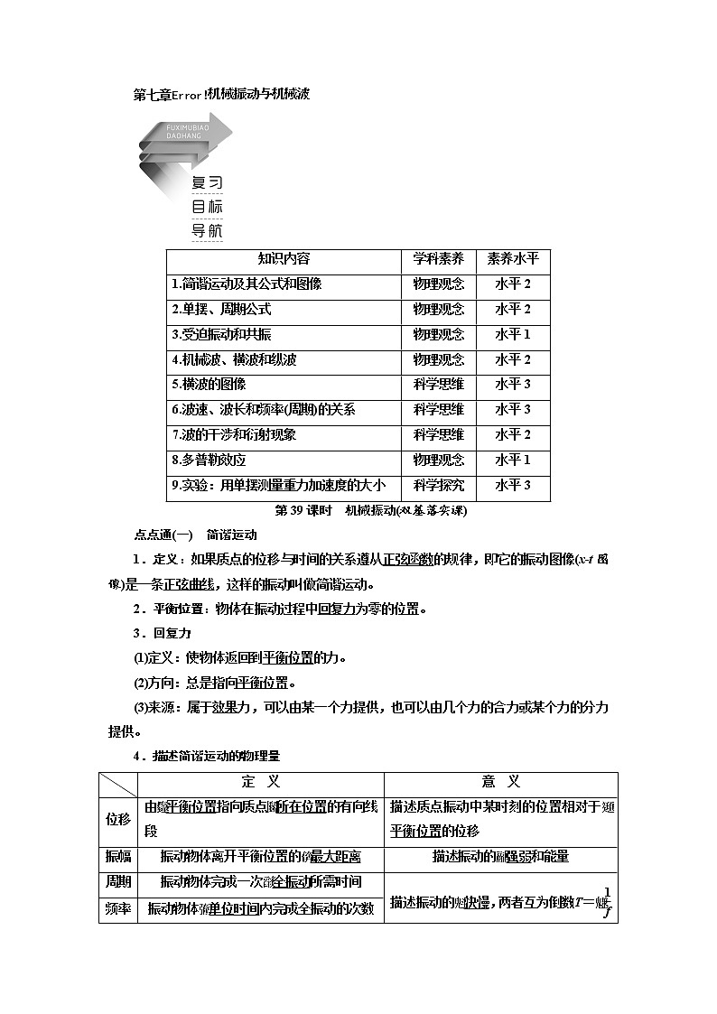 2020高考物理新创新大一轮复习新课改省份专用讲义：第七章第39课时　机械振动（双基落实课）01