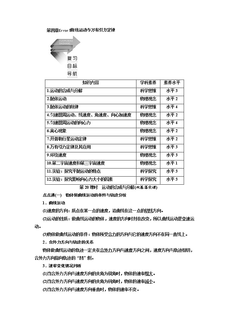 2020高考物理新创新大一轮复习新课改省份专用讲义：第四章第20课时　运动的合成与分解（双基落实课）01