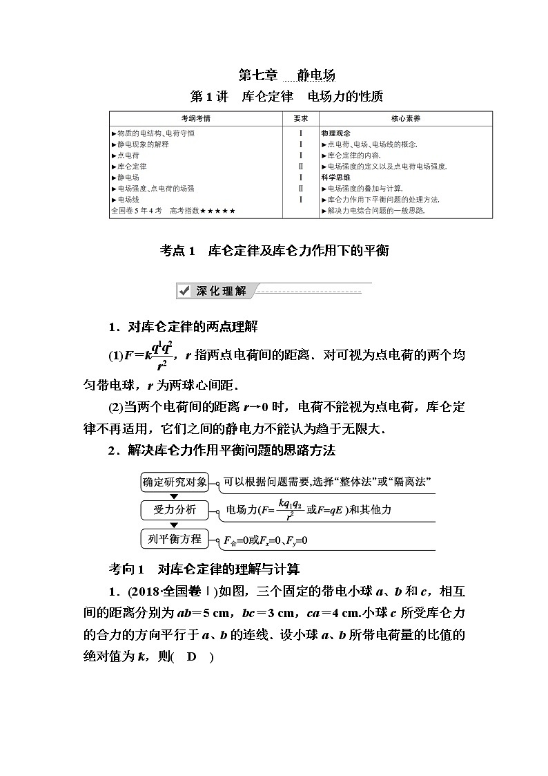 2020《复习方案》高考物理人教版一轮复习讲义：第七章第1讲　库仑定律　电场力的性质01