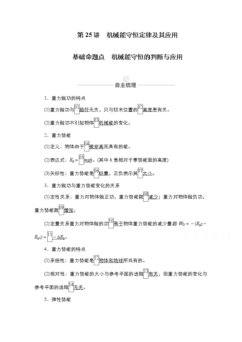2021届高考物理人教版一轮创新教学案：第25讲　机械能守恒定律及其应用01