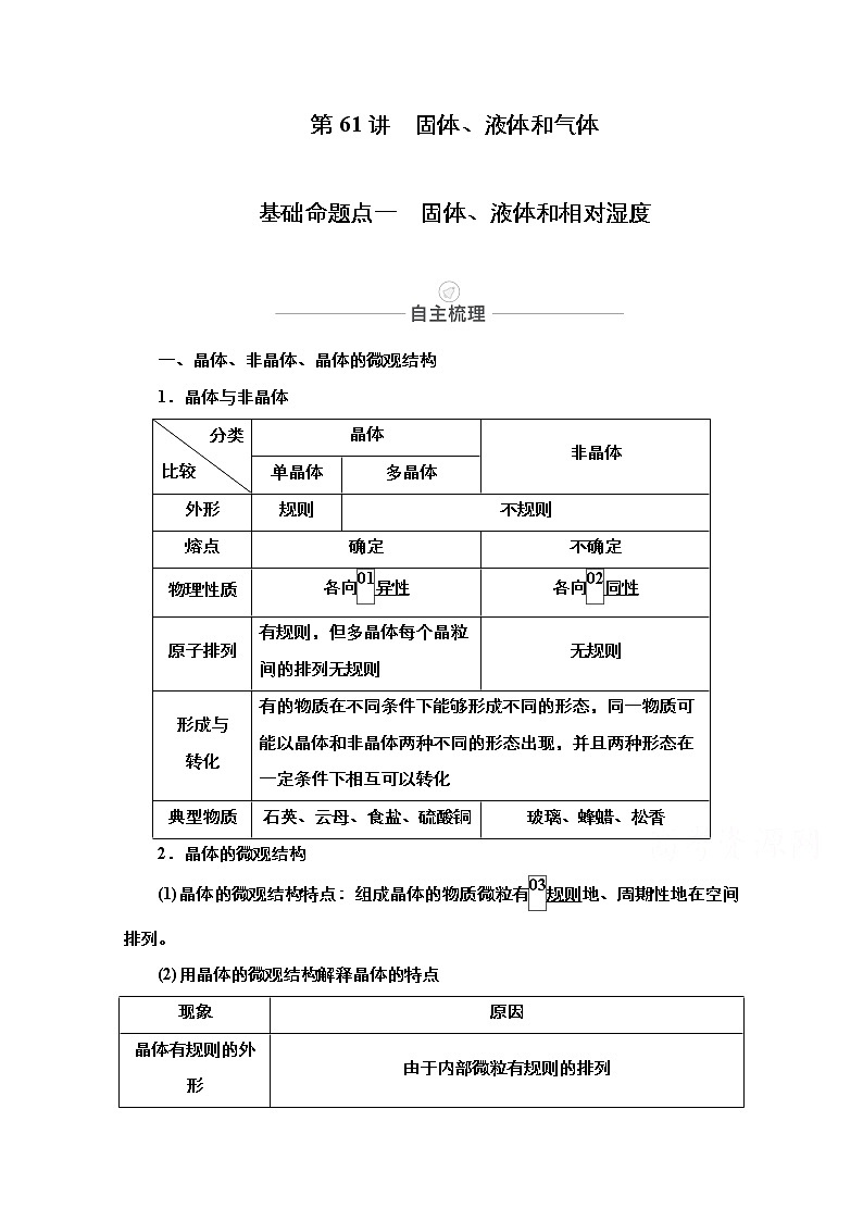 2021届高考物理人教版一轮创新教学案：第61讲　固体、液体和气体01