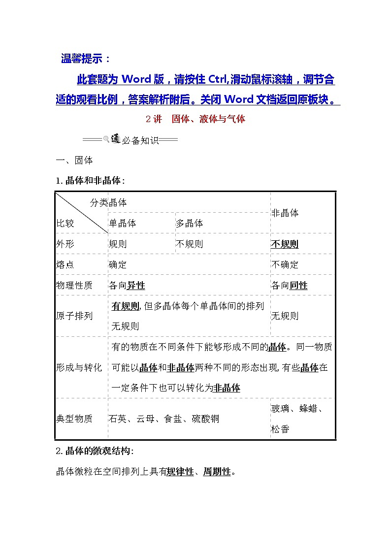 2021版物理全能大一轮复习人教版讲义：选修3-3热学2　固体、液体与气体01