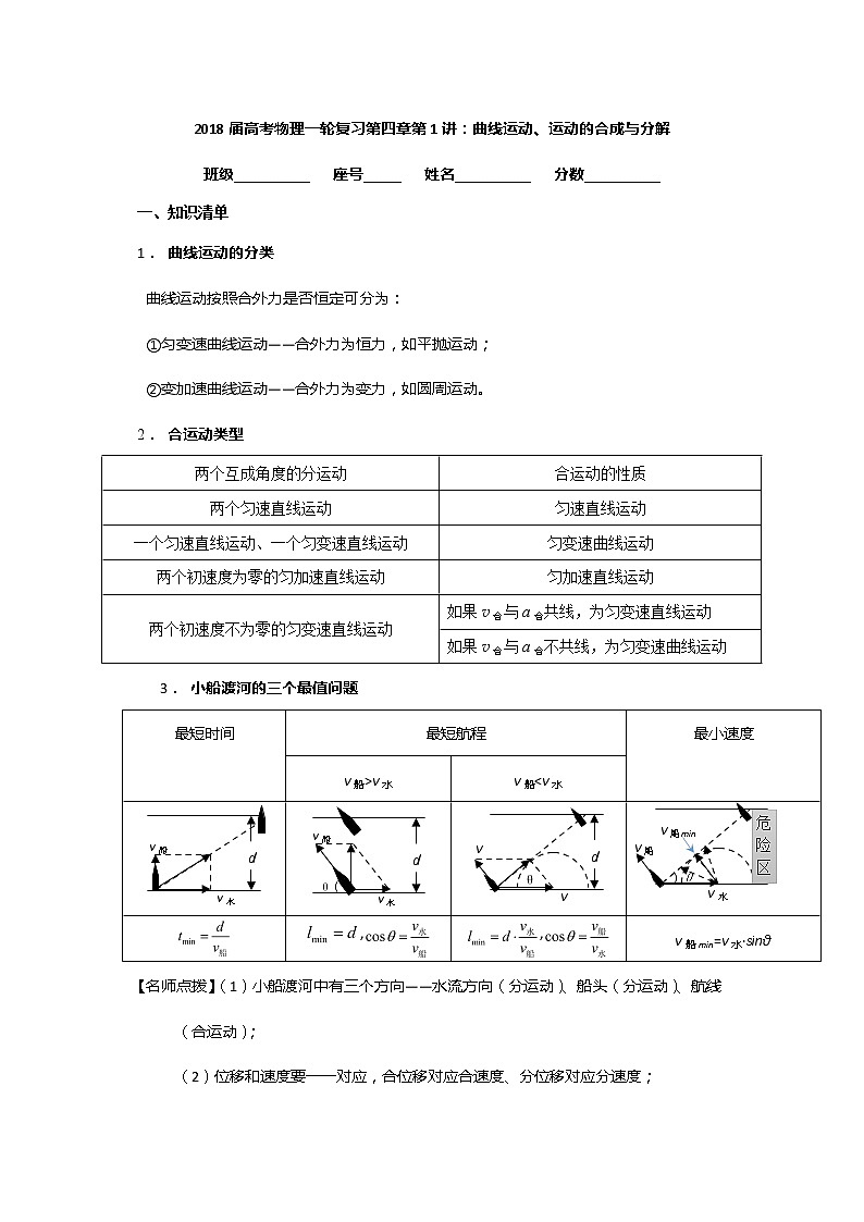 安徽省芜湖市第一中学高考物理一轮复习讲义：第四章第1讲曲线运动、运动的合成与分解第1页