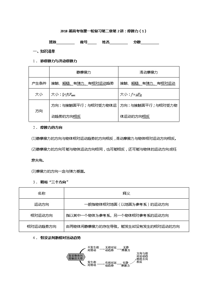 安徽省芜湖市第一中学高考物理一轮复习讲义：第二章第2讲摩擦力（1）第1页
