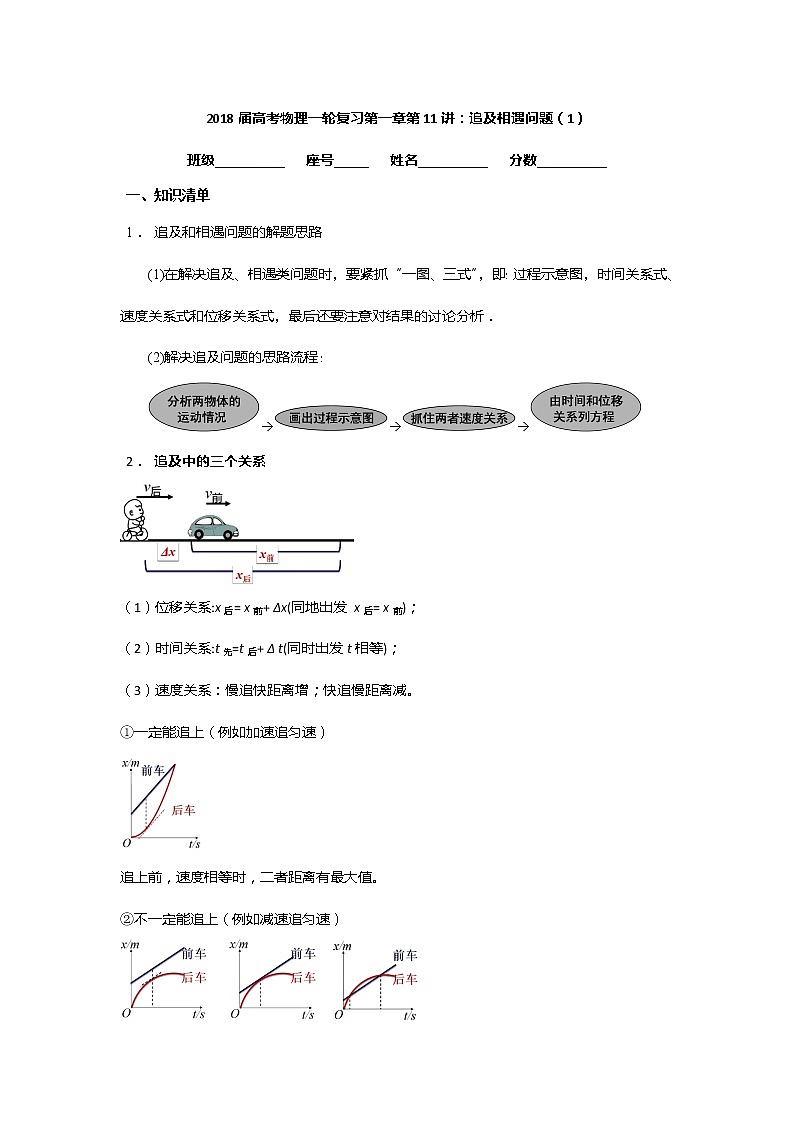 安徽省芜湖市第一中学高考物理一轮复习讲义：第一章第11讲追及相遇问题（1）第1页